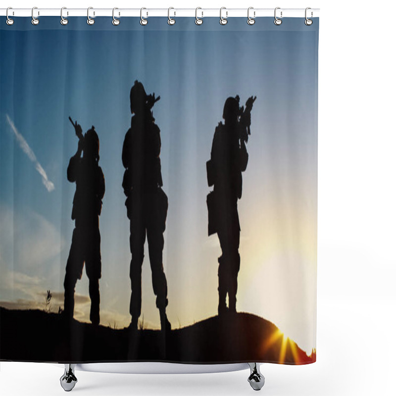 Personality  Squad Of Three Fully Equipped And Armed Soldiers Standing In Des Shower Curtains