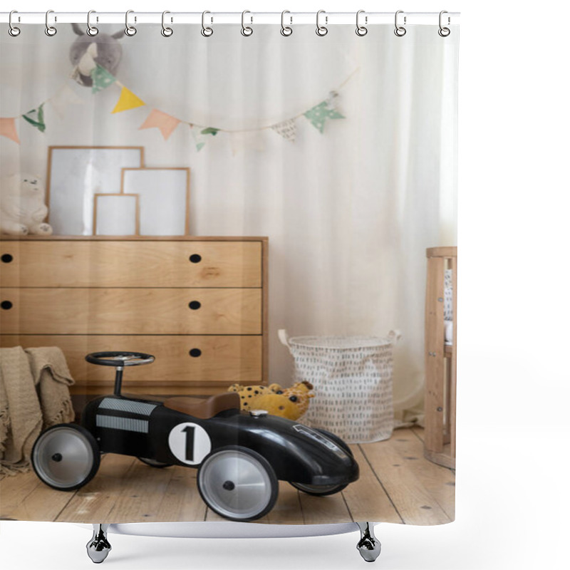 Personality  Vertical Photo Of Comfort Child Playroom In Scandinavian Style Interior With Wooden Chest Of Drawers, Retro Car Toy And Different Home Decor Shower Curtains