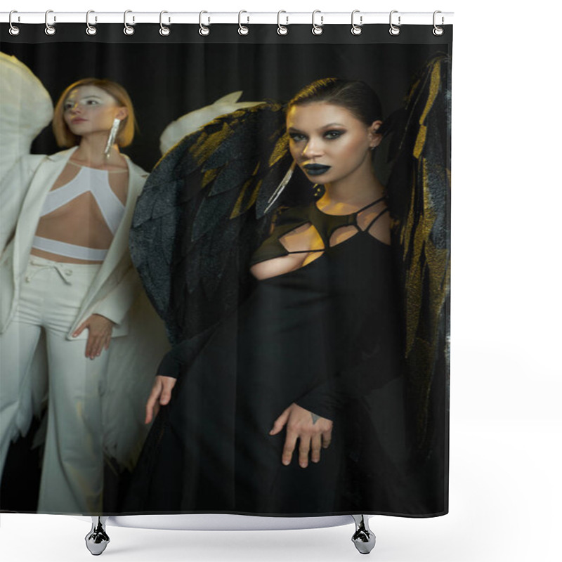 Personality  Demonic Woman Looking At Camera Near Angel On Black Backdrop, Women In Costumes Of Winged Creatures Shower Curtains