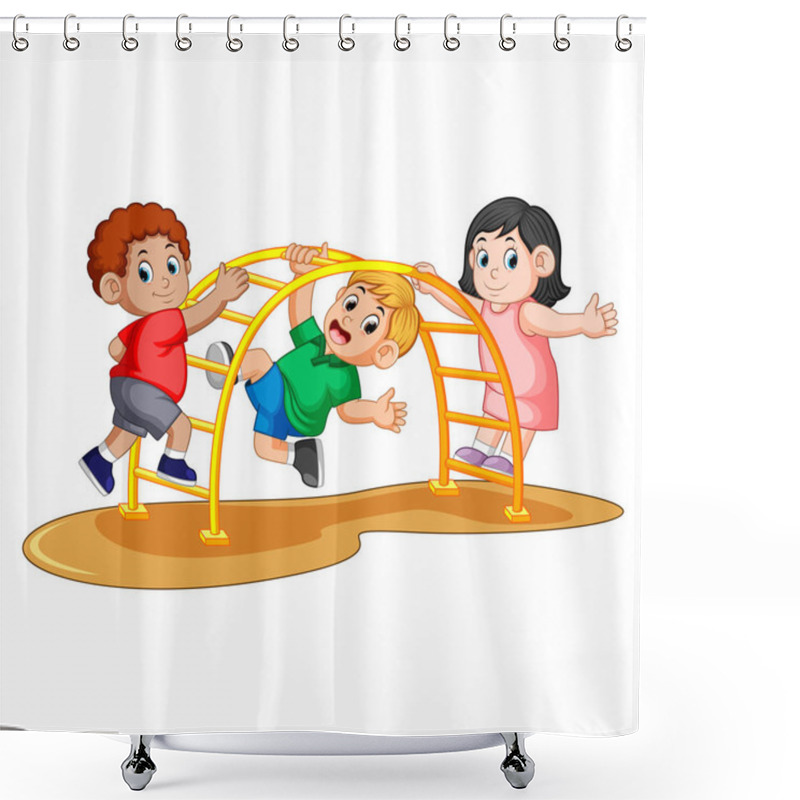 Personality  Kids Playing Climbing Metal Monkey Bar On Backyard Shower Curtains