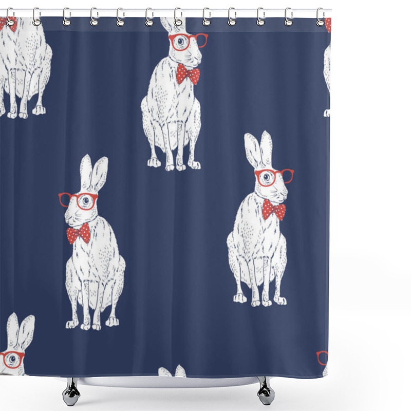 Personality  Seamless Pattern With Forest Hare Wear Red Tie Bow And Glasses. Shower Curtains