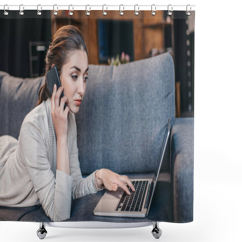 Personality  Woman Working On Laptop  Shower Curtains