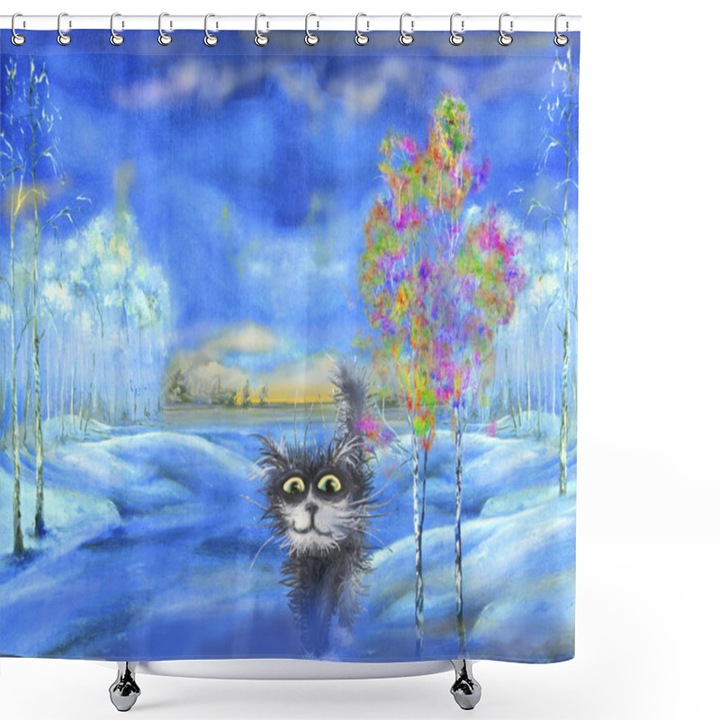 Personality  Black Cat In Winter Landscape Shower Curtains