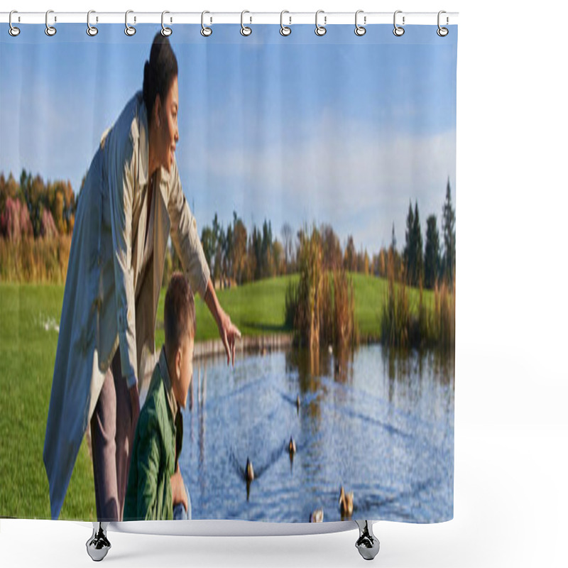 Personality  Happy African American Woman Pointing At Ducks In Pond Near Son, Autumnal Nature, Family, Banner Shower Curtains