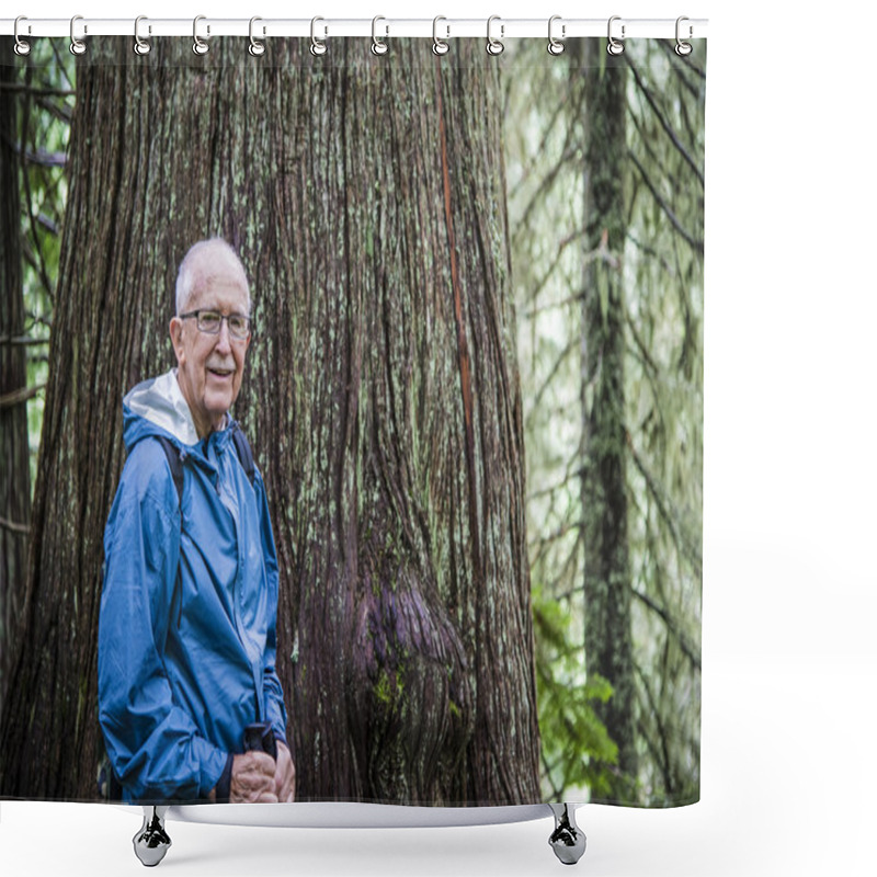 Personality  Elderly Active Man Hiking In Forest Shower Curtains