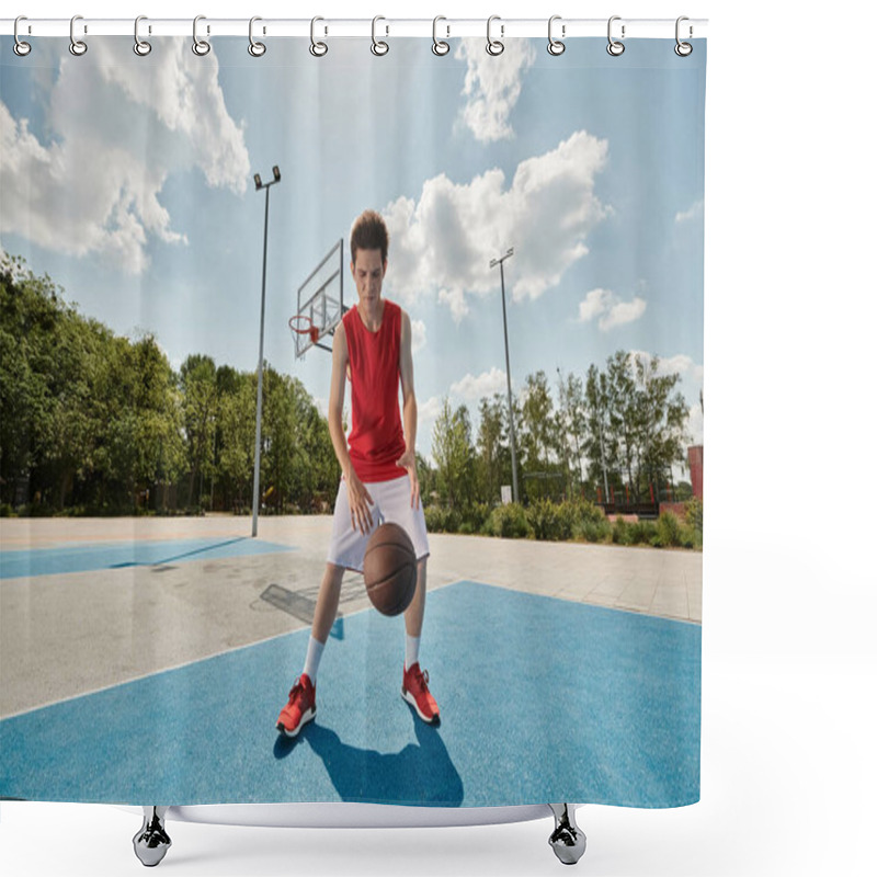 Personality  A Young Man Holding A Basketball While Standing On A Court, Preparing To Play. Shower Curtains