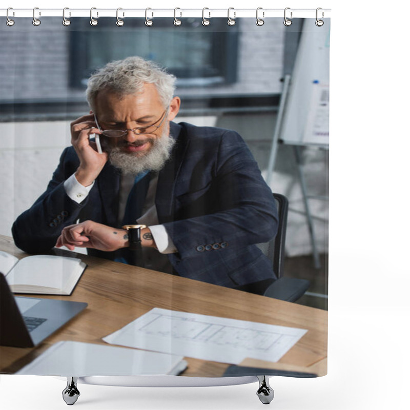 Personality  Middle Aged Businessman Talking On Smartphone And Looking At Wristwatch In Office  Shower Curtains