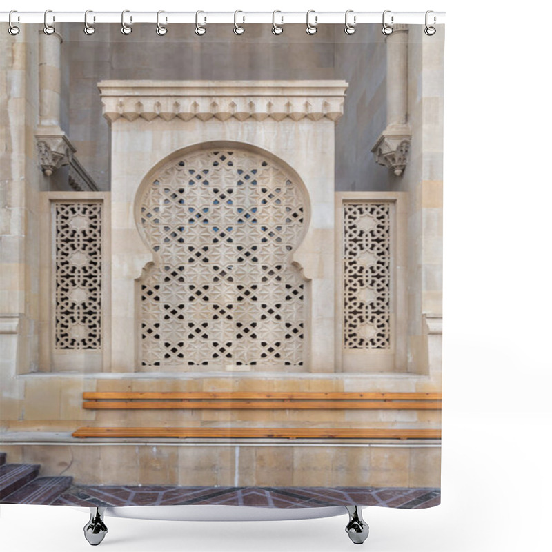 Personality  Ornate Wall Of Taza Pir Mosque Features Intricate Patterns And A Unique Arched Design, Highlighting The Exquisite Craftsmanship Found In Baku, Azerbaijans Architectural Heritage Shower Curtains