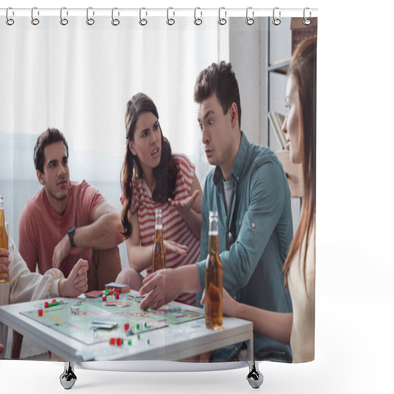 Personality  KYIV, UKRAINE - JANUARY 27, 2020: Angry Girls Gesturing Near Confused Man While Playing Monopoly Game Shower Curtains