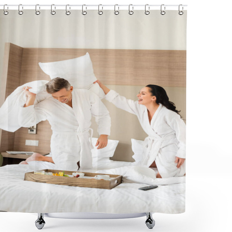 Personality  Smiling Boyfriend And Girlfriend In Bathrobes Fighting With Pillows In Hotel  Shower Curtains