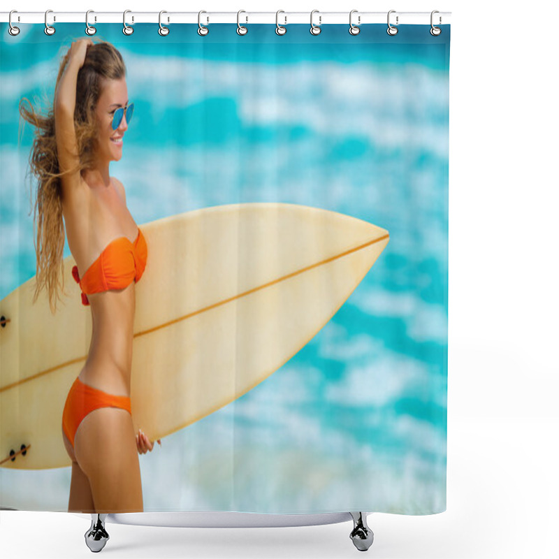 Personality  Beautiful Girl On Beach With Surfboard Shower Curtains