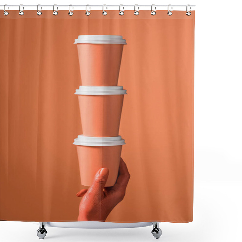 Personality  Cropped View Of Female Hand With Stack Of Coral Paper Cups On Coral Background, Color Of 2019 Concept Shower Curtains