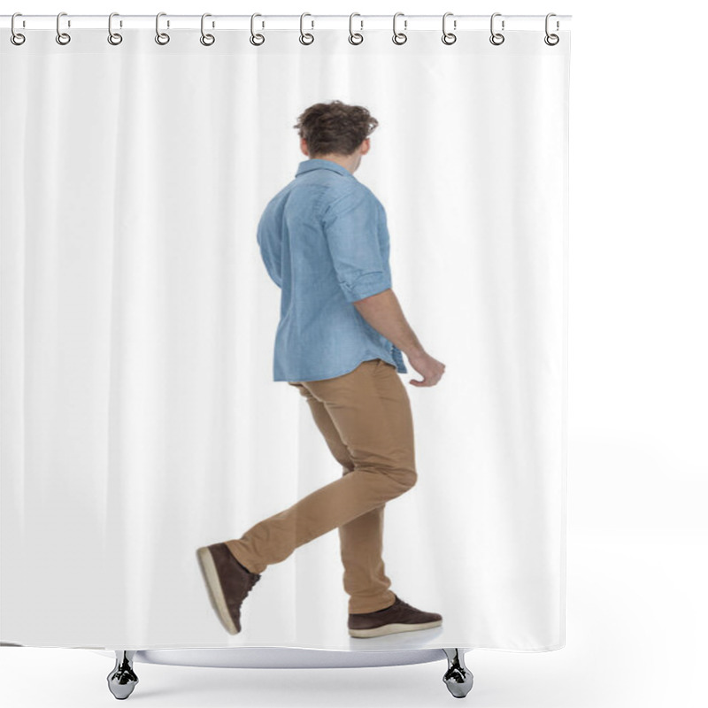 Personality  Casual Guy In Denim Shirt Looking To Side And Walking Isolated On White Background, Full Body Shower Curtains