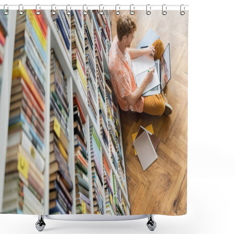 Personality  A Man, Young And Handsome, Sits On The Floor Before A Bookshelf. Shower Curtains