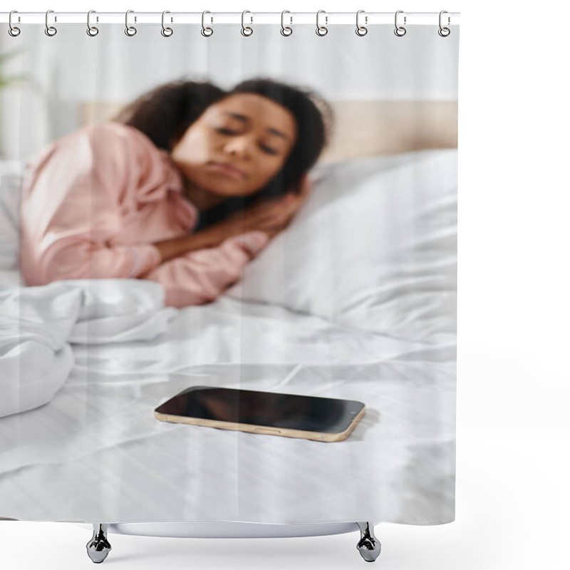 Personality  Curly African American Woman In Pajamas Peacefully Lying In Bed Next To A Cell Phone In A Cozy Bedroom During Morning. Shower Curtains