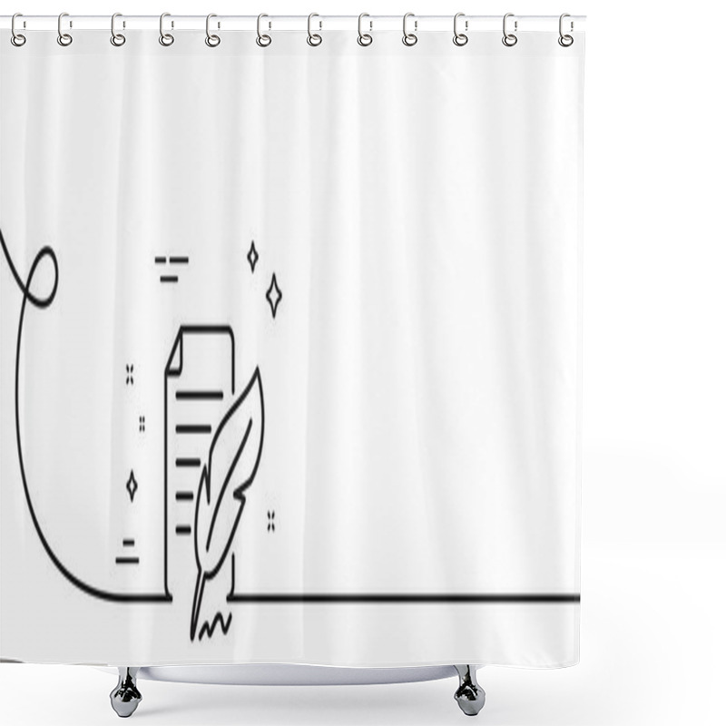 Personality  Feather Signature Line Icon. Continuous One Line With Curl. Copywriting Sign. Feedback Symbol. Feather Signature Single Outline Ribbon. Loop Curve Pattern. Vector Shower Curtains