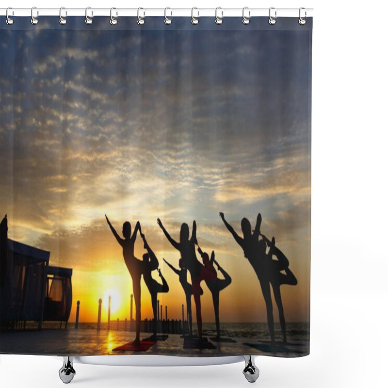 Personality  A Group Of Women Doing Yoga At Sunrise Near The Sea Shower Curtains