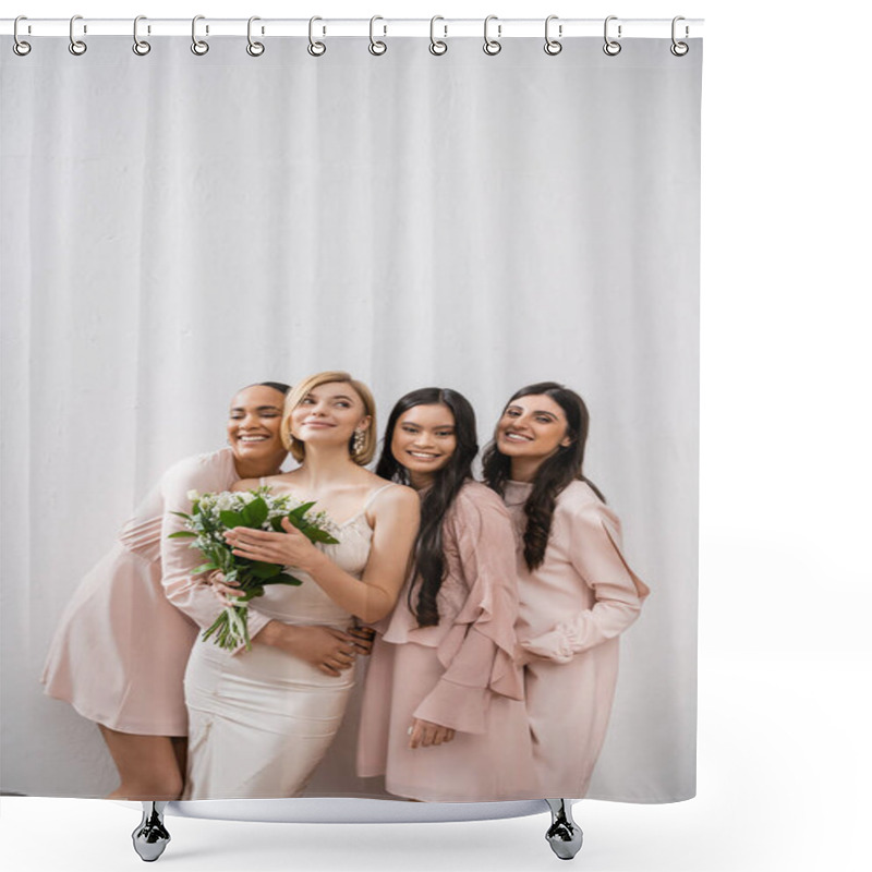 Personality  Positivity, Happy Interracial Bridesmaids Hugging Bride In Wedding Dress, Bridal Bouquet, Grey Background, Racial Diversity, Fashion, Brunette And Blonde Women, White Flowers  Shower Curtains