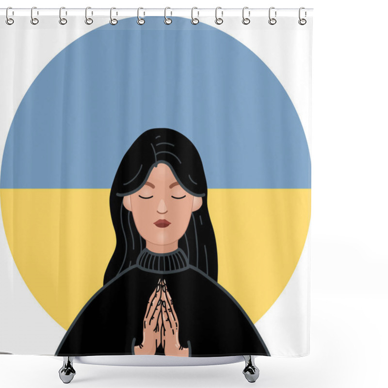 Personality  Illustration Of Ukrainian Woman Praying With Closed Eyes Near National Flag Shower Curtains