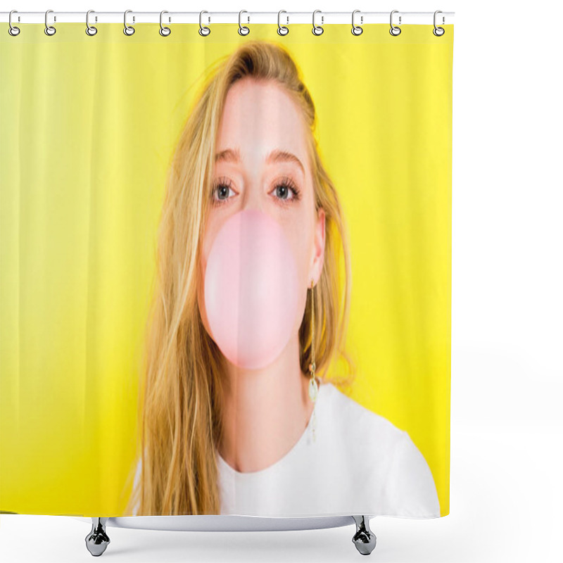 Personality  Beautiful Girl Blowing Bubble Gum Isolated On Yellow Shower Curtains