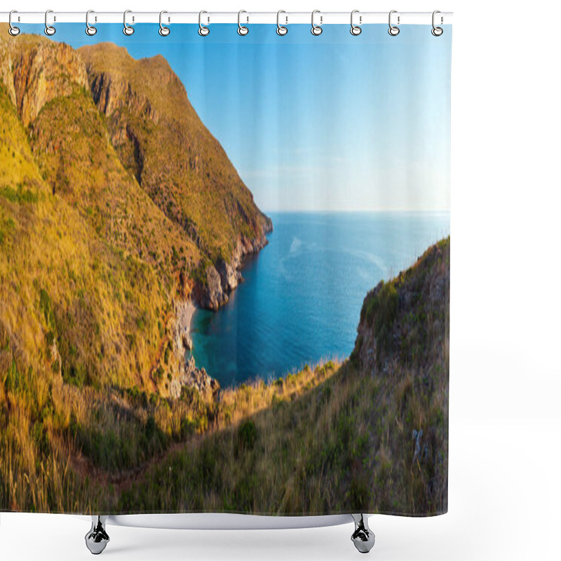 Personality  Paradise Sea Bay With Azure Water And Beach. View From Coastline Trail Of Zingaro Nature Reserve Park, Between San Vito Lo Capo And Scopello, Trapani Province, Sicily, Italy Shower Curtains