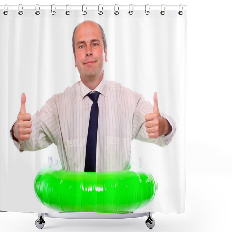 Personality  Businessman With Life Ring.Travel Insurance Metaphor. Shower Curtains