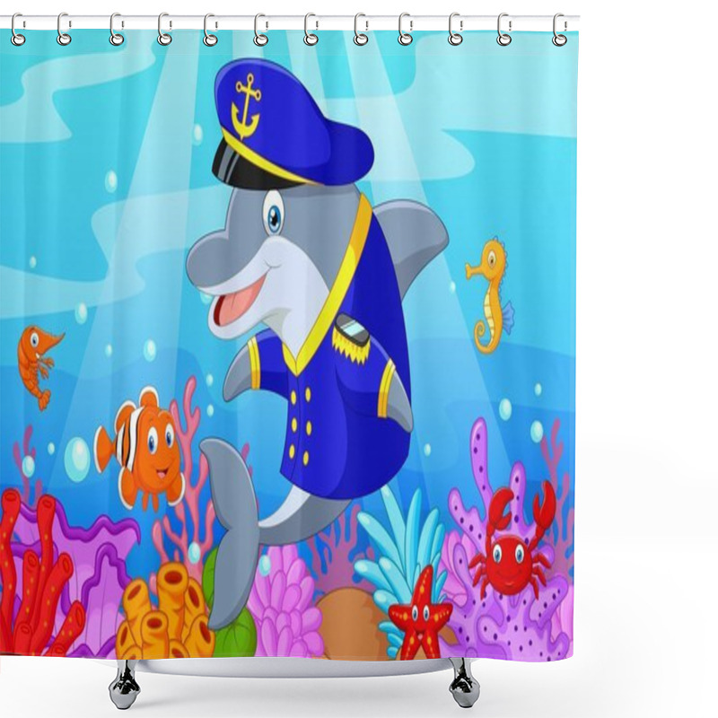 Personality  Standing Little Cartoon Dolphin Using Uniform Captain With Collection Fish Shower Curtains