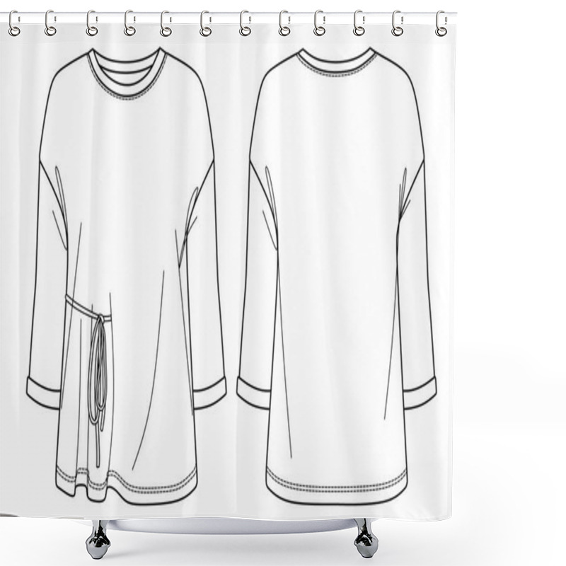 Personality  Vector Round Neck Blouse Fashion CAD, Woman Long Sleeved T-Shirt Technical Drawing, Sketch, Template, Flat, Mock Up. Jersey Or Woven Fabric Blouse With Front, Back View, White Color Shower Curtains