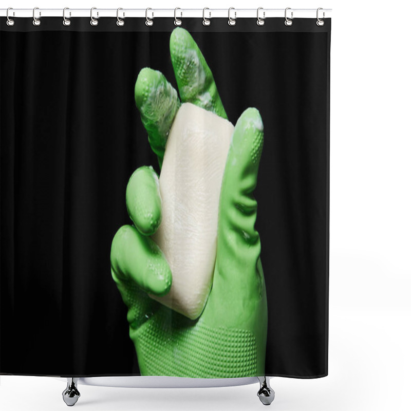 Personality  Cropped View Of Man In Green Rubber Glove Holding Soap Isolated On Black Shower Curtains