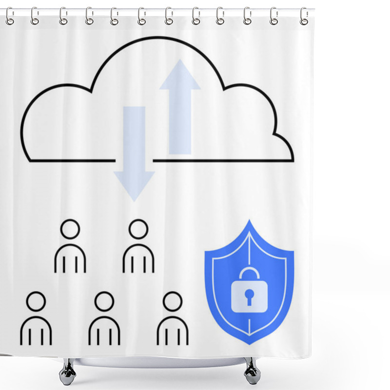 Personality  Cloud With Arrows User Icons, Shield With Lock. Ideal For Cybersecurity, Cloud Computing, Data Protection, Online Security, Internet Privacy, Secure Communication, Digital Safety. Line Metaphor Shower Curtains