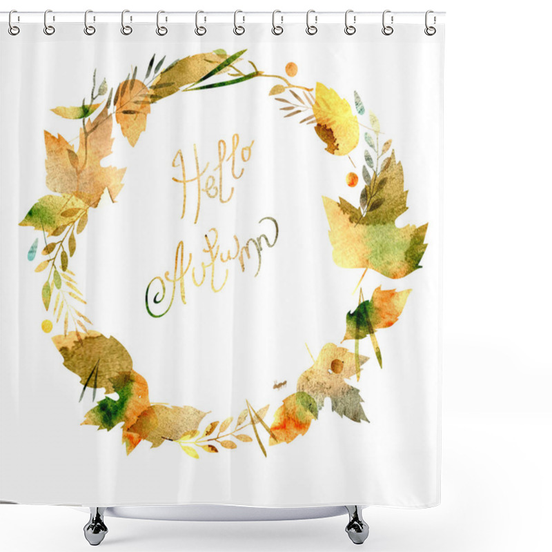 Personality  Autumn Frame With Leaves, Berries, Branches, Autumn Elements. Caption Hello Autumn. Watercolor Texture Yellow, Brown, Ocher, Red, Orange. Shower Curtains