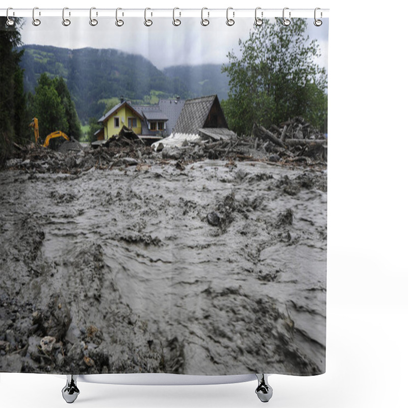 Personality  Building In A Flooded Area After Heavy Rainfalls, Muddy Water Shower Curtains