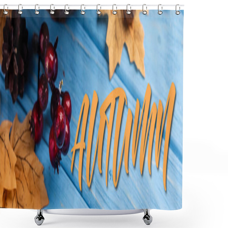 Personality  Panoramic Concept Of Autumnal Leaves, Berries, Acorns And Cones Near Autumn Lettering On Blue Wooden Background Shower Curtains