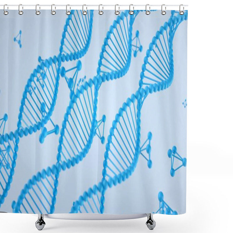 Personality  DNA Strands, Double Helix, Blue, Molecular Biology, Genetic Structure, Medical Research, Genome Mapping, Chromosomes, Nucleotides, Scientific Diagram, Educational, Futuristic Science. 3D Render. Shower Curtains