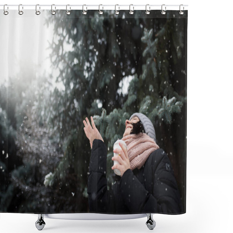 Personality  Beautiful Young Caucasian Woman In Winter Jacket, Knitted Beanie Gray Hat And Pink Scarf, Holding A Cup Of Coffee Or Tea, Outdoors In Park Or Forest On Snowing Winter Day. Winter Mood. Shower Curtains