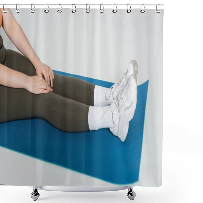 Personality  A Strong And Fit Woman Practices Stretching On A Yoga Mat, Focusing On Her Wellness And Strength. Shower Curtains