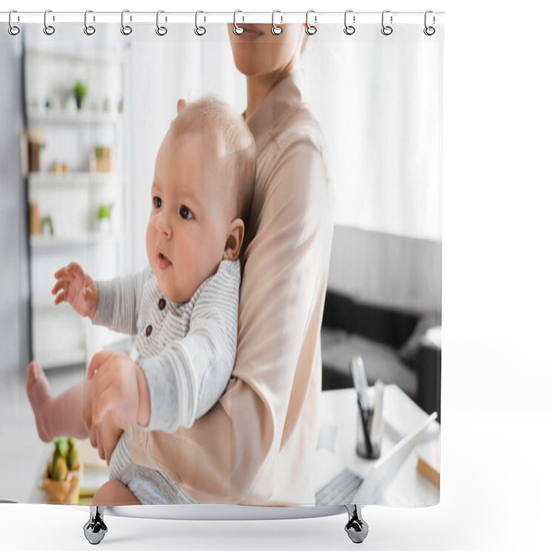 Personality  Mother Holding In Arms Adorable Infant Son At Home Shower Curtains