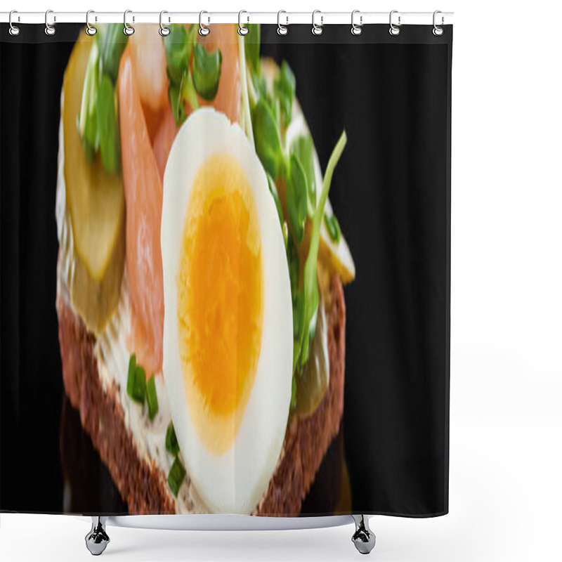 Personality  Panoramic Shot Of Boiled Egg On Danish Smorrebrod On Black  Shower Curtains