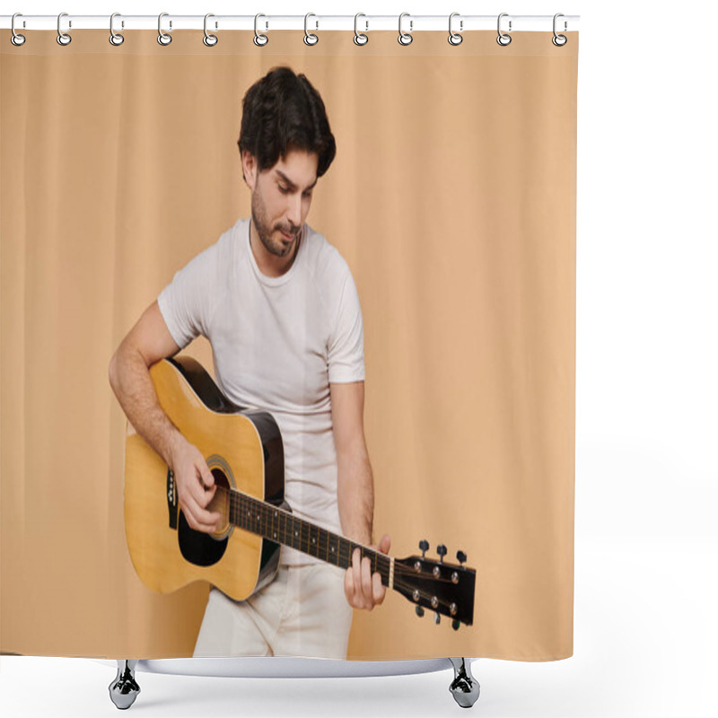 Personality  A Young Man With Brunette Hair Passionately Strums His Guitar, Surrounded By A Cozy Atmosphere. Shower Curtains