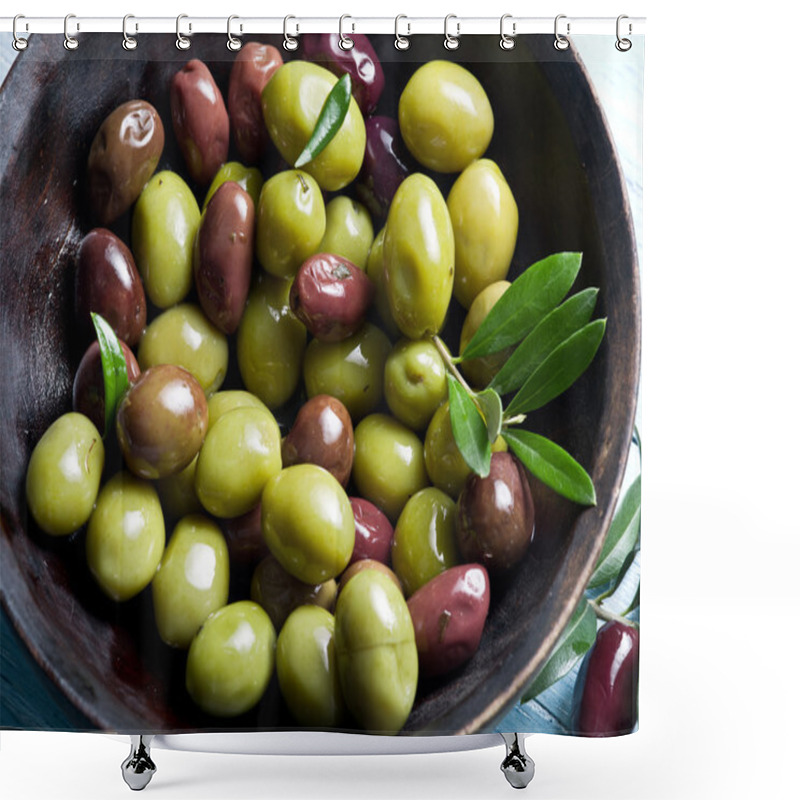 Personality  Wooden Bowl Full Of Olives And Olive Twigs Besides It. Shower Curtains