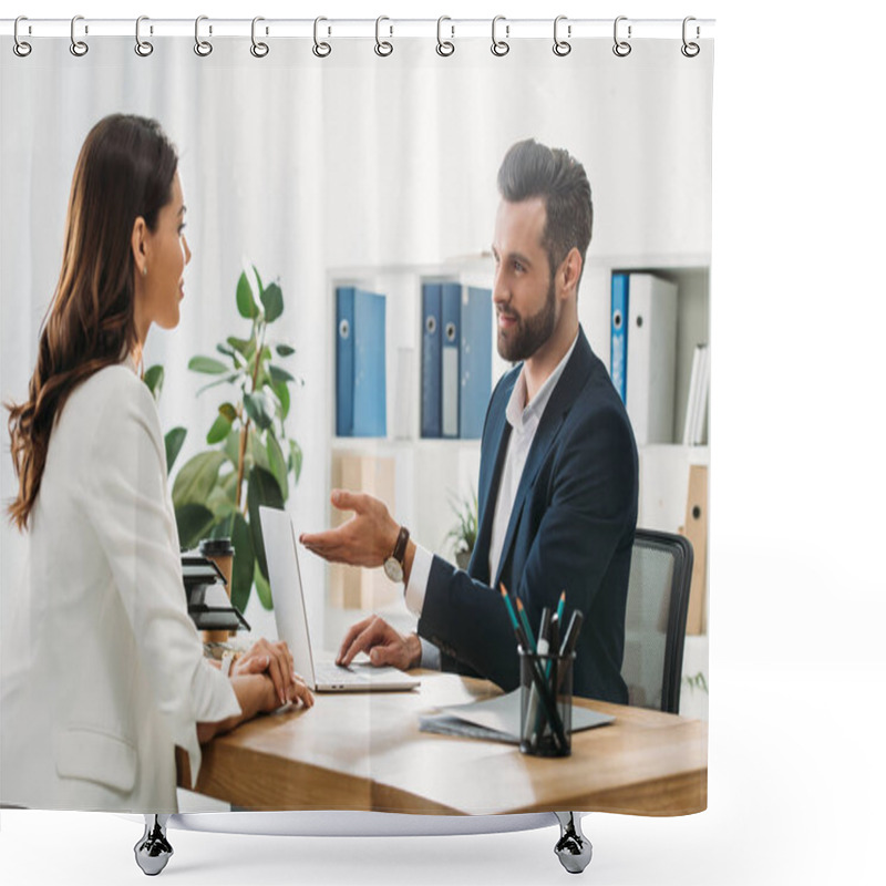 Personality  Handsome Advisor In Suit Talking With Beautiful Investor At Office  Shower Curtains