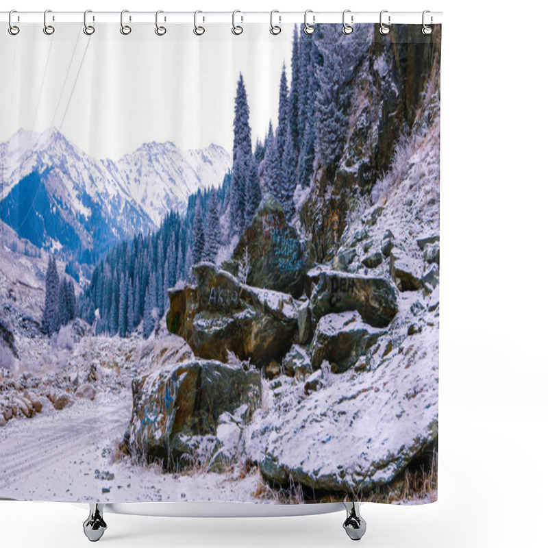 Personality  The First Snow In The Misty Mountains With Tall Fir Trees Shower Curtains