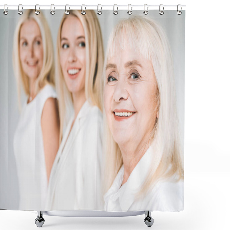 Personality  Selective Focus Of Three Generation Blonde Women Isolated On Grey Shower Curtains