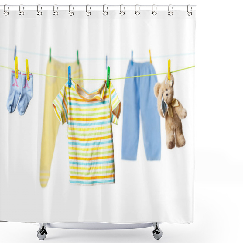 Personality  Drying Baby Clothes And A Teddy Bear Shower Curtains