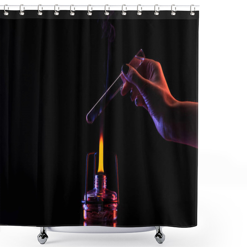 Personality  Cropped Image Of Chemist Warming Up Tube With Liquid On Black  Shower Curtains