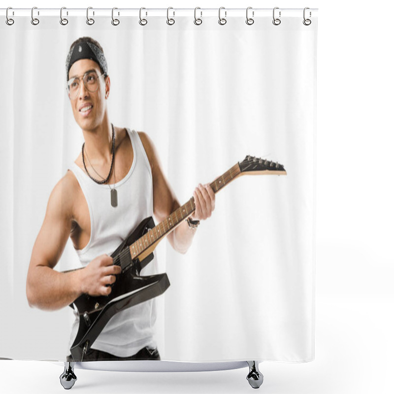 Personality  Smiling Mixed Race Male Rock Musician Playing On Electric Guitar Isolated On White Shower Curtains