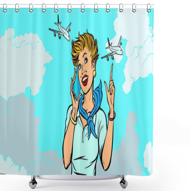 Personality  Woman Stewardess With Phone, Sky And Planes Shower Curtains