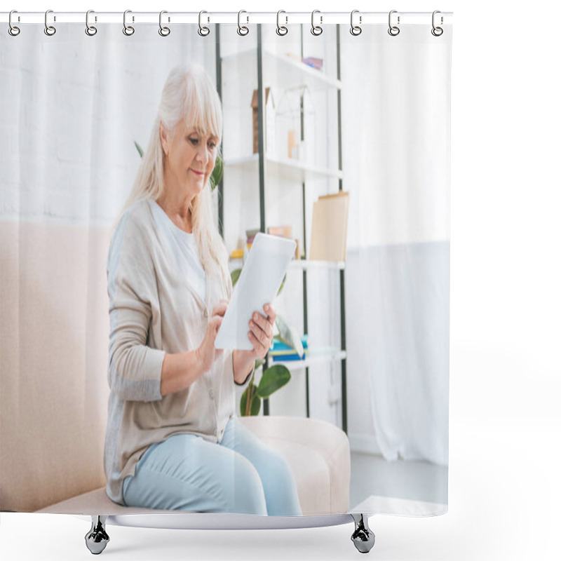 Personality  Smiling Senior Woman Using Digital Tablet While Sitting On Couch Shower Curtains