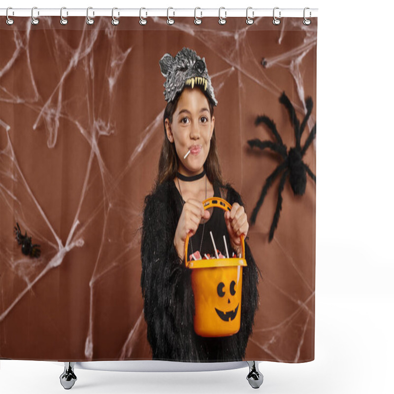 Personality  Close Up Girl With Lollipop Holding Candy Bucket On Brown Backdrop With Spiderweb, Halloween Shower Curtains