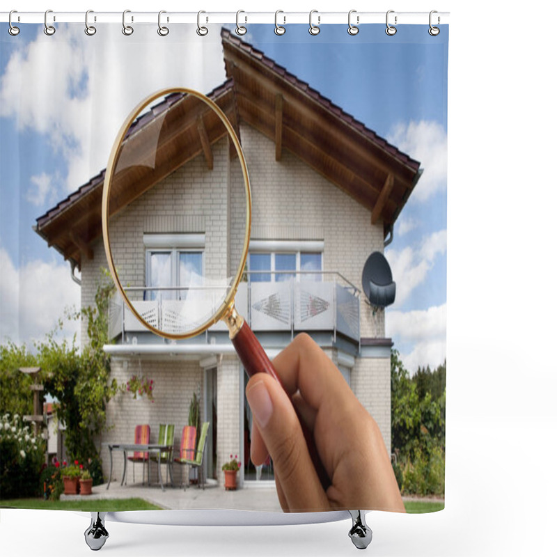 Personality  Close-up Of Person's Hand Holding Magnifying Glass Over Luxury House Outdoors Shower Curtains